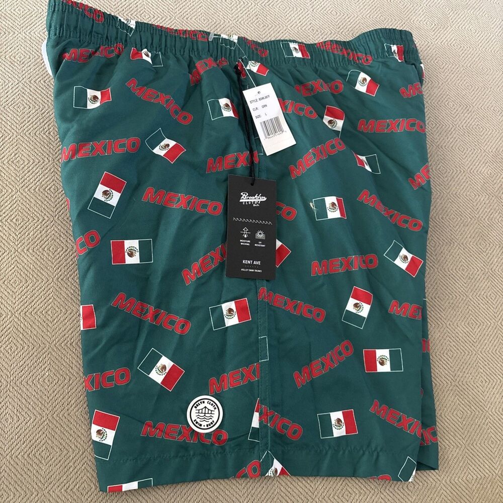 Brooklyn Cloth Mexico Mexican Flag Print Swim Trunks Mens Size Large